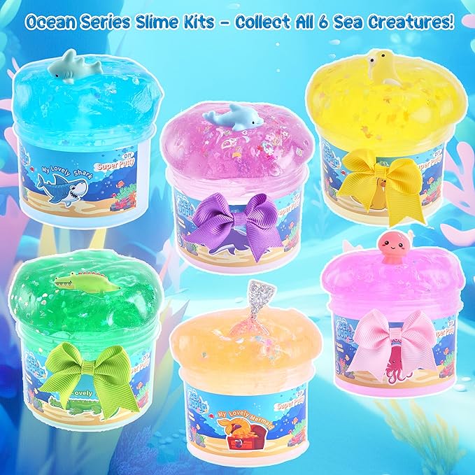 Shark Ocean Slime Kit with Ice Cream Tub - 8 Oz Blue Crystal Slime, Slime Party Favors for Kids, Resin Shark Charm & Glitter - Non-Sticky Sensory Toys for Boy & Girls 6-12,STEAM Classroom Gifts