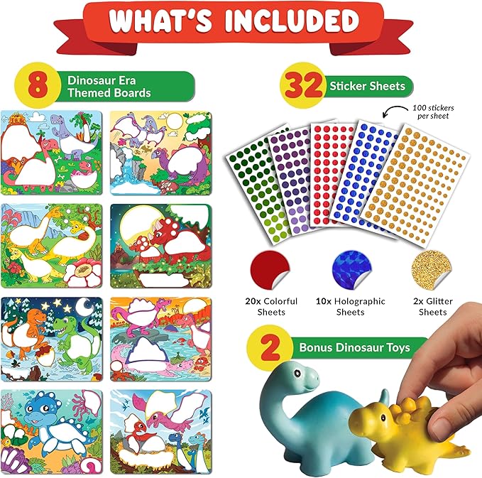 Dot Sticker Art Activity - Dinosaurs Dot Art, No Mess Crafts for Kids, Stocking Stuffers Toddlers, DIY Activity, Educational Gifts for Boys & Girls Ages 3, 4, 5, 6, 7 Year Old, Travel Toys