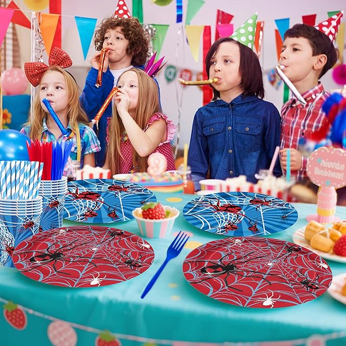 168PCS Spider Birthday Party Supplies for Boys Cartoon Spider Web Themed Party Decorations Blue and Red Paper Plates Disposable for Dinner Baby Shower Tableware 24 Guests