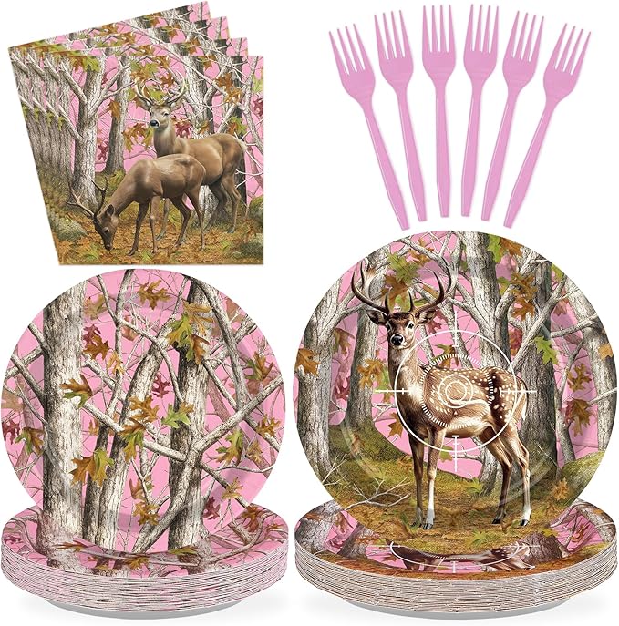 96Pcs Pink Hunting Deer Camo Decorations Woodland Deer Plates and Napkins Tableware Sets Hunting Themed Decorations for Hunter Outdoor Camping Picnic Camouflage Party Supplies Serves 24