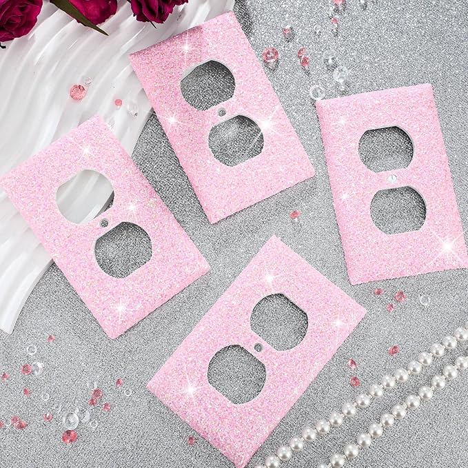 Yexiya 4 Pcs Glitter Light Switch Covers Glitter Bling Outlet Wall Plate Covers Preppy Gift for Nursery Decor Women Teens Room Decor(Pink)