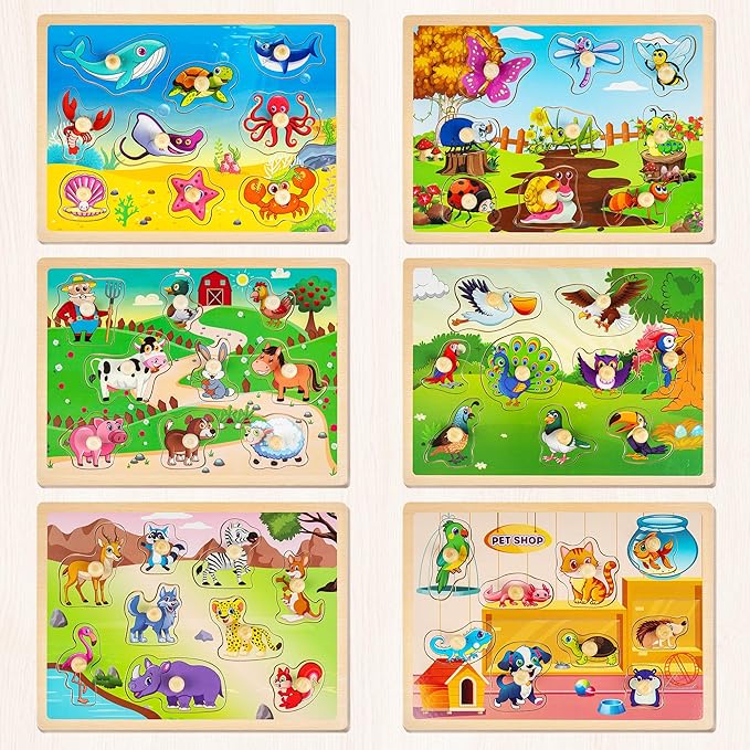 SYNARRY Wooden Puzzles for Toddlers 1-3, 6XSET Animals Puzzles for Toddlers 2-4 with Rack, Toddler Puzzles Ages 2-4, Kids Learning Educational Montessori Toys, Education Toys for 2 3 Years Boys Girls