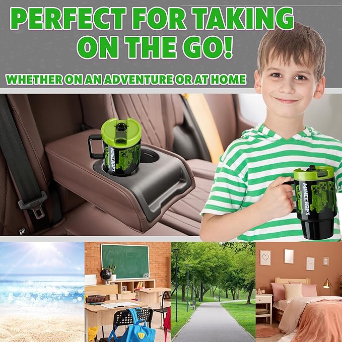 Get Trend Minecraft Kids Water Bottle with Straw 16.9 oz BPA Free Plastic Leakproof Cup with Lid Handle Reusable Drinking Tumbler Gifts for Kids (Green Minecraft)