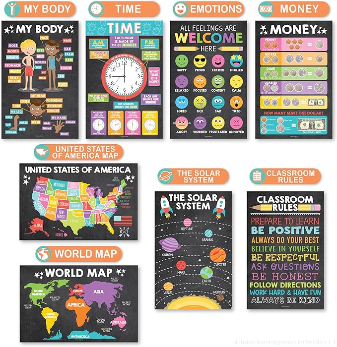 Hadley Designs 16 Educational Posters for Toddler Learning Activities - Alphabet Daycare Essentials, Laminated Pre-K Posters for Toddlers 1-3, Preschool Learning Activities, Chalkboard Classroom Decor