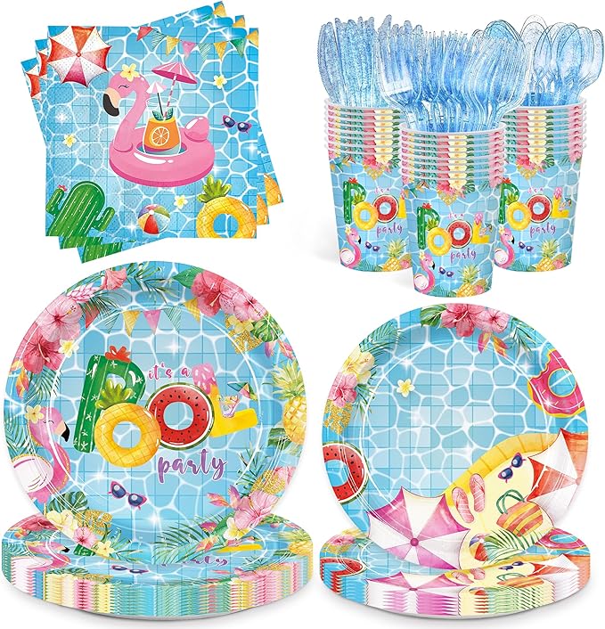 168pcs Pool Party Supplies Pool Party Plates Napkins Dispoasble Tableware Set Summer Decorations for Kids Birthday Hawaii Summer Holiday Serve 24 Guests