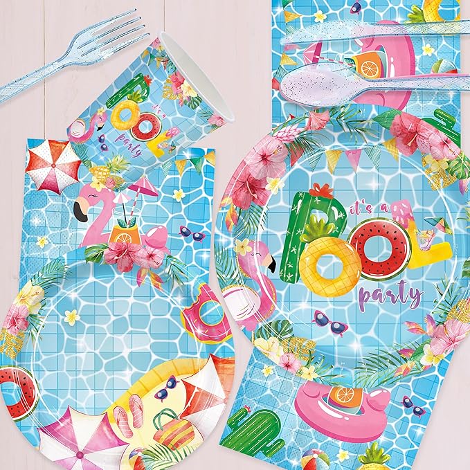 168pcs Pool Party Supplies Pool Party Plates Napkins Dispoasble Tableware Set Summer Decorations for Kids Birthday Hawaii Summer Holiday Serve 24 Guests