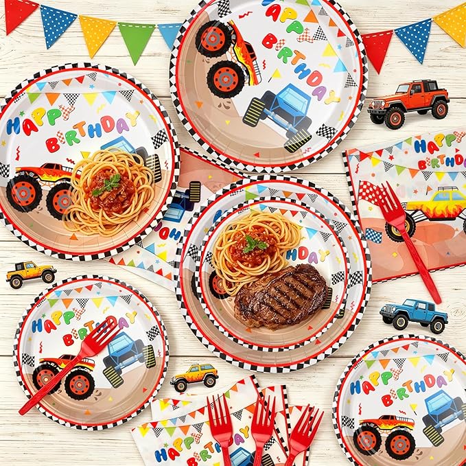100 Pcs Monster Truck Party Plates and Napkins Set – Disposable Monster Theme Plates,Napkins,and Forks for Boys Birthday Parties and Truck-Themed Celebrations – Serves 25