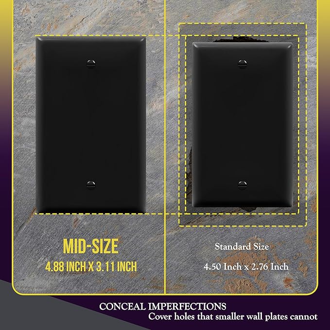 ENERLITES Blank Device Wall Plate, Blank Outlet Cover, Gloss Finish, Mid-Size 1-Gang 4.88" x 3.11", Polycarbonate Thermoplastic, 8801M-BK, Black