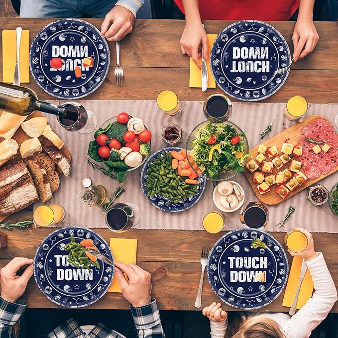 100 PCS Football Party Plates and Napkins Supplies Kit Cowboy Navy Blue Football Rugby Tableware Kit Disposable Paper Dinner Dessert Plates Decors Favors for Sports Game Celebration Serve 25