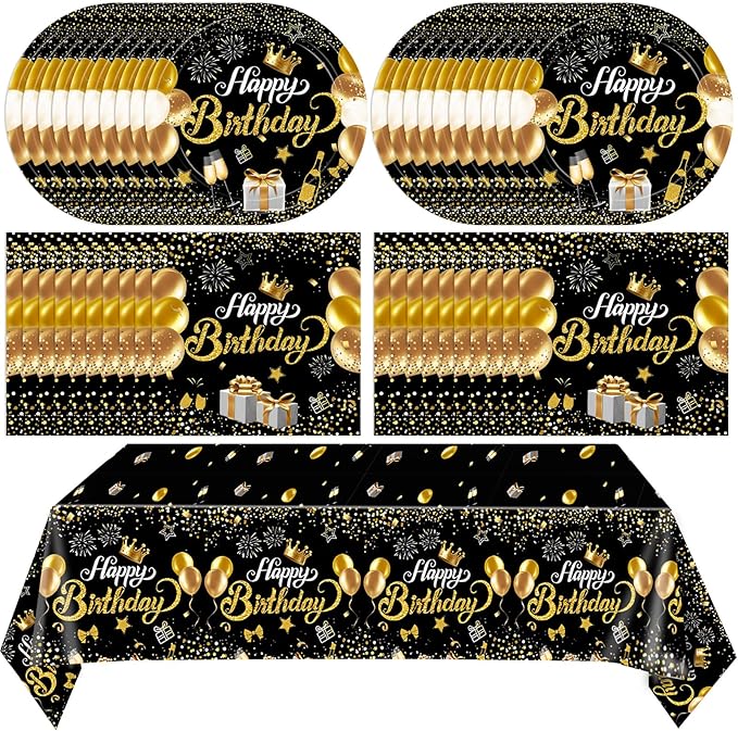 Black and Gold Party Decorations,41Pcs Happy Birthday Plates and Napkins Set Include Black Gold Paper Plates,Napkins,Tablecloth,for Men Women Happy Birthday Party Decorations Supplies,Serves 20