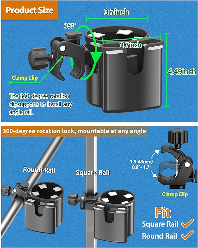 Universal Clamp-on 2-in-1 Cup Holder & Phone Holder for Stroller, Walker, Wheelchair, Fits 12oz-40oz Drinks, Multifunctional Storage Organizer
