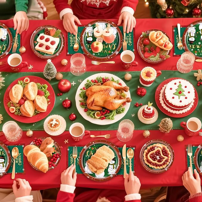 72PCS Christmas Plates and Napkins for Party Decorations, Set of 24 Merry Christmas Disposable Tableware Supplies, Green Red Themed Snowman Paper Plates for Xmas Party