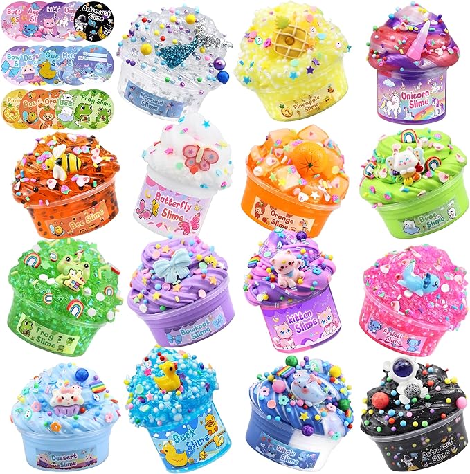 LAWOHO 15 Pack Slime Kit for Kids, DIY Crunchy Butter Slime Set with Charms & Add-ins, Soft Non-Sticky Slime Party Favors, Stress Relief Sensory Toys, Birthday Gifts Classroom Prizes for Boys Girls