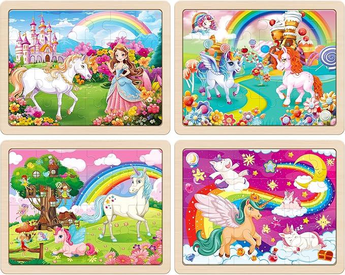 SYNARRY Large Unicorn Princess Fairy Wooden Puzzles for Girls Gift Box(12.2 * 9.4 in), 24 Pcs Puzzles for Kids Ages 4-6, Wood Puzzles for Kids Ages 3-5, Easter Basket Stuffers Gifts for Kids