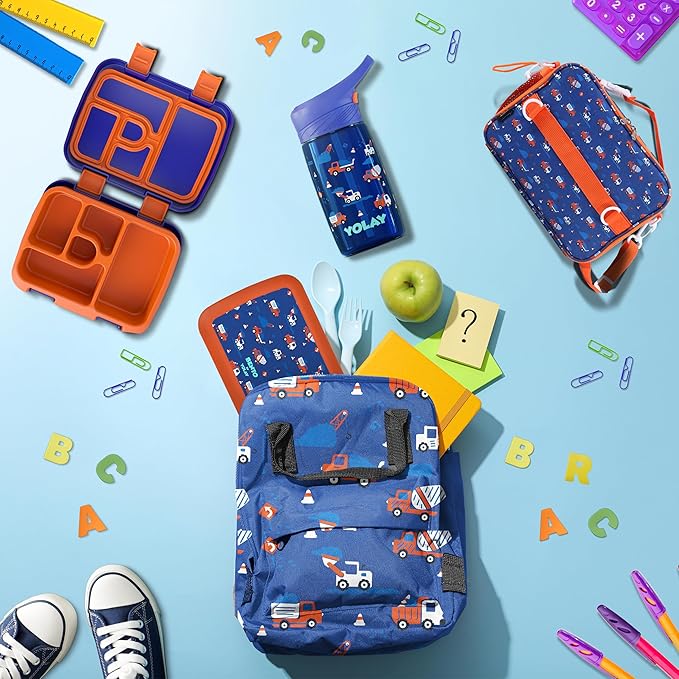 YOLAY 15oz Kids Water Bottle For School Boys and Girls, Durable Toddler Water Bottle with Straw Lid Leak-Proof, Spill Proof, Easy Clean and Dishwasher Safe with Re-Usable and BPA Free - Trucks