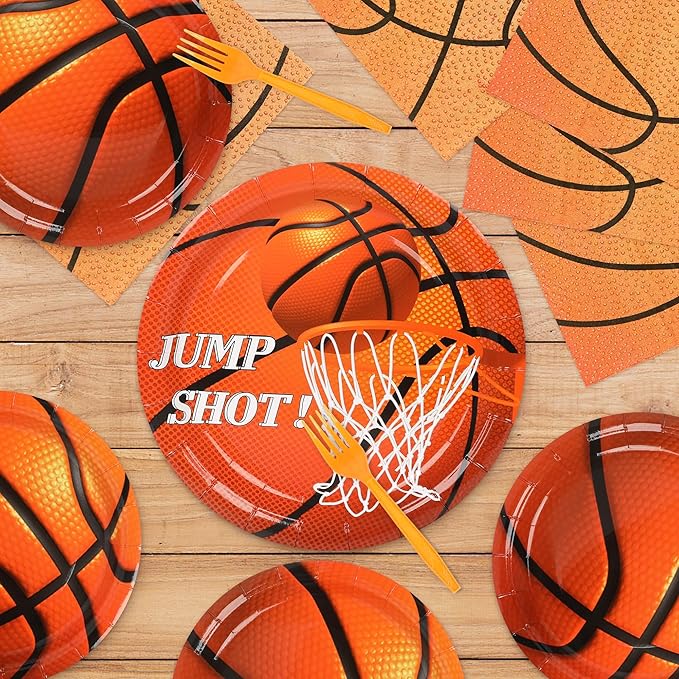 100PCS Basketball Paper Plates and Napkins Basketball Birthday Party Supplies Disposable Party Plates Napkins Forks Tableware Set for Boys Kids Birthday Party Decorations Serves 25