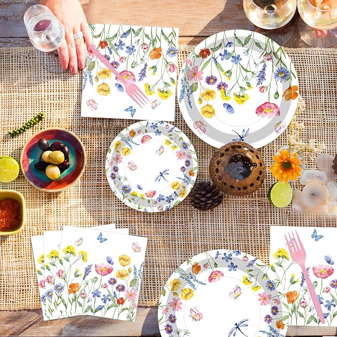 100 Pcs Spring Floral Party Supplies Set, Serves 25 – Disposable Flower Paper Plates, Napkins, and Forks, Garden Bloom Themed Tableware for Picnic, Tea Party, Birthday, and Mother’s Day Decorations