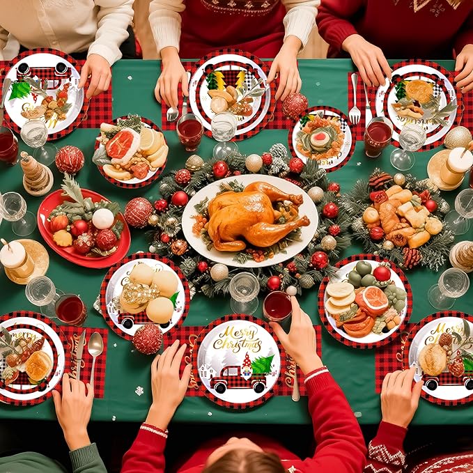 72PCS Christmas Plates and Napkins for Party Decorations, Set of 24 Merry Christmas Disposable Tableware Supplies, Gnome Red Plaid Paper Plates for Xmas Party