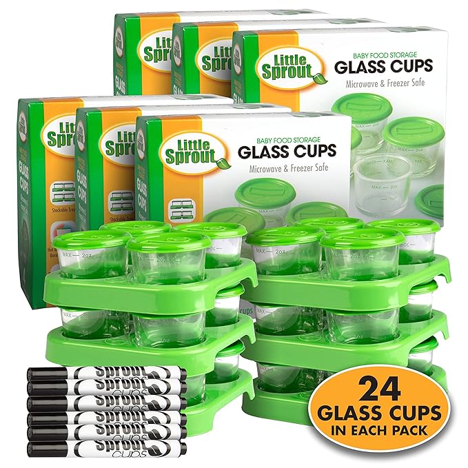 Glass Baby Food Containers (24 Pack) - 2oz Jar Container Includes Lids, Storage Tray, Dry-Erase Marker to Write On Lids - Microwave, Freezer, Dishwasher Safe - BPA & Phthalate Free Baby Food Storage