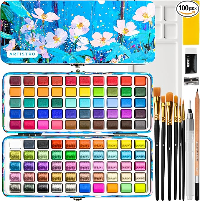 ARTISTRO 100 Color Watercolor Paint Set - Portable Paint Art Kit with Palette and Brush Pens - Travel Water Color Set for Adults, Professionals, Kids - Art and Painting Supplies - Gift Idea