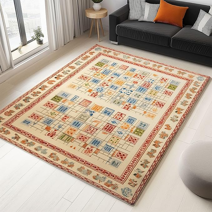 Beige Area Rugs 6 x 9 ft Non-Slip Foldable Machine Washable Rug, Geometric Rectangular Snake Ladder Low-Pile Comfy Fluffy Floormat for Various Scenes Home Decor Aesthetic