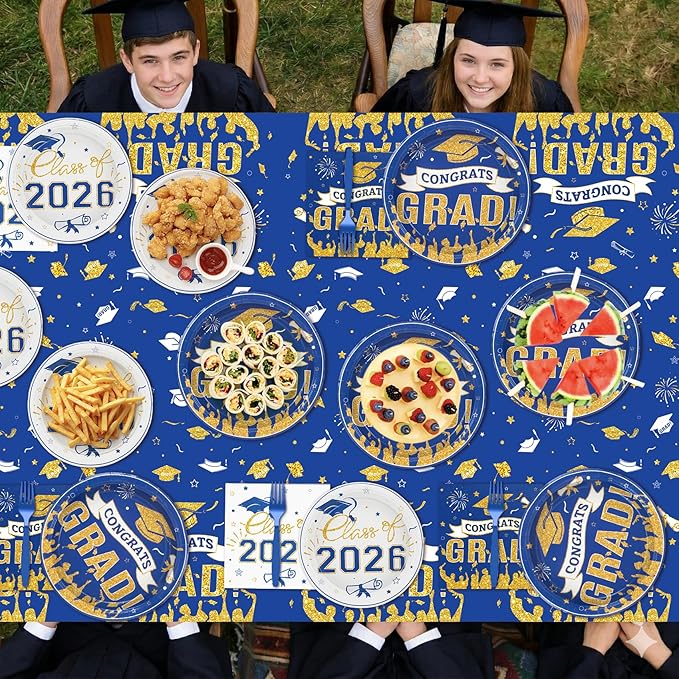 Graduation Plates and Napkins 2026,97Pcs Blue Disposable Grad Plates Class of 2026 Dessert Plates Napkins,Tablecloth,Forks,Graduation Decorations for Congrats Grad Party,Serve 24