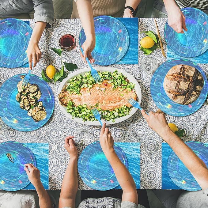 96 Pcs Iridescent Ocean Waves Party Plates and Napkins for Under The Sea Party Supplies Ocean Wave Themed Paper Dessert Plates Blue Tableware Set for Mermaid Pool Beach 24 Guests Party Decorations