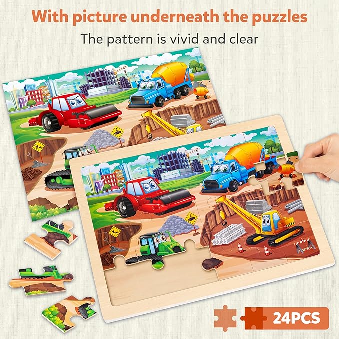 SYNARRY Large Wooden Construction Vehicle Puzzles for Toddlers 3-5, 24 Piece Monster Truck Puzzles for Kids Ages 4-6, Construction Toys for 3 4 5 6 Year Old, Kids Toys Easter Basket Stuffers Gifts