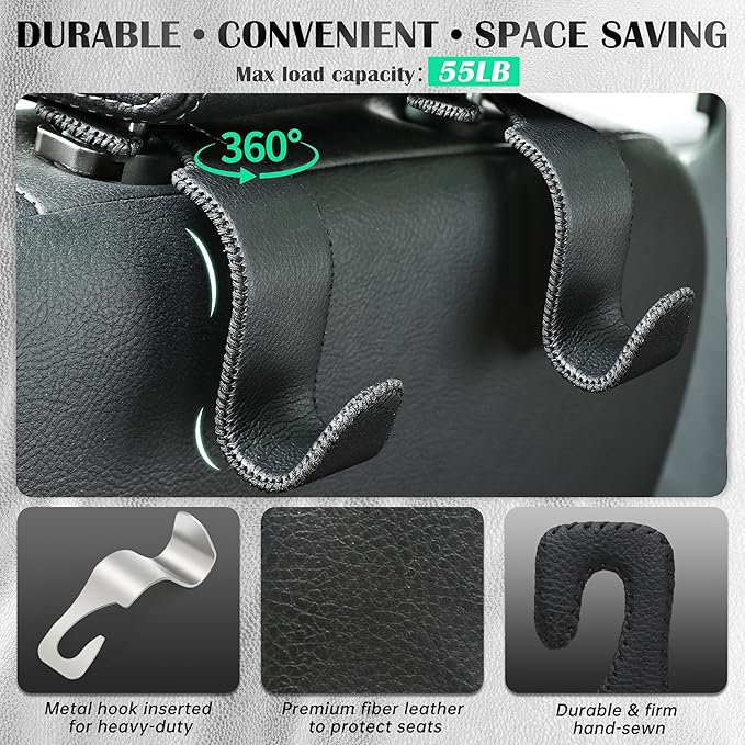 Amooca Car Seat Headrest Hook Universal Vehicle Storage Hanger Leather with Metal Car Seat Back Organizer for Handbag Purse Coat Black 2 Pack