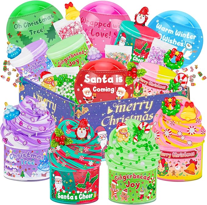 LAWOHO Christmas Stocking Stuffers for Kids, 4 Pack Christmas Slime Balls with Butter Slime & Xmas Add-ins, Slime kit for Girls & Boys Kids Stocking Stuffers, Xmas Gifts for 4 5 6 7 8 9 10+ Year Old
