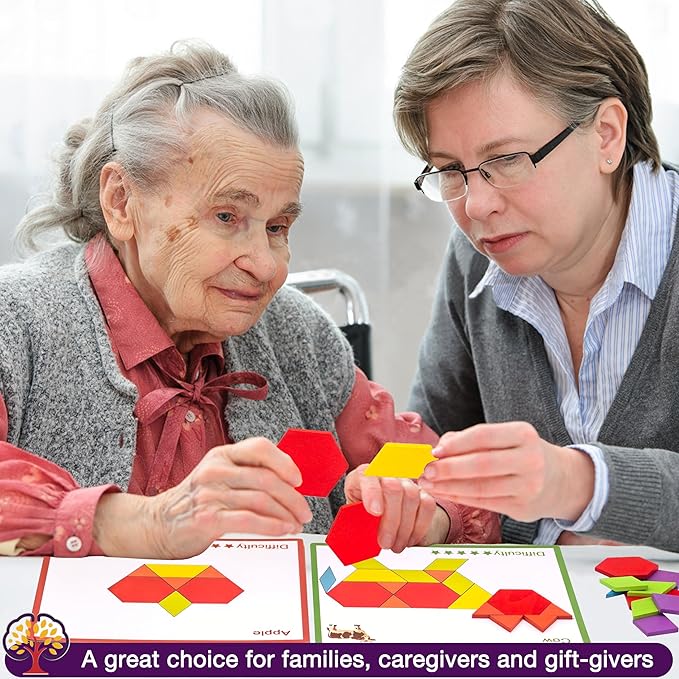 Memory Care Activities for Seniors, Wooden Cognitive Games for Elderly, 80 Pieces Tangram Puzzles for Alzheimer and Dementia Patients, Large Wooden Colorful Shape Pattern Matching Board Gifts (Hard)