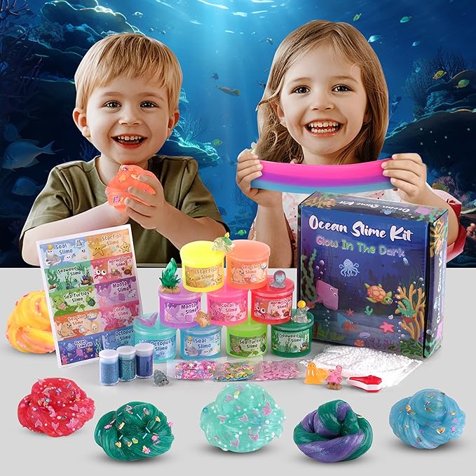 Ocean Glow in The Dark Slime Kit 9 Pack, with Deep Sea Slime Charms, Sensory DIY Rainbow Slime for Kids, Glow Party Favors for Girls & Boys, Halloween