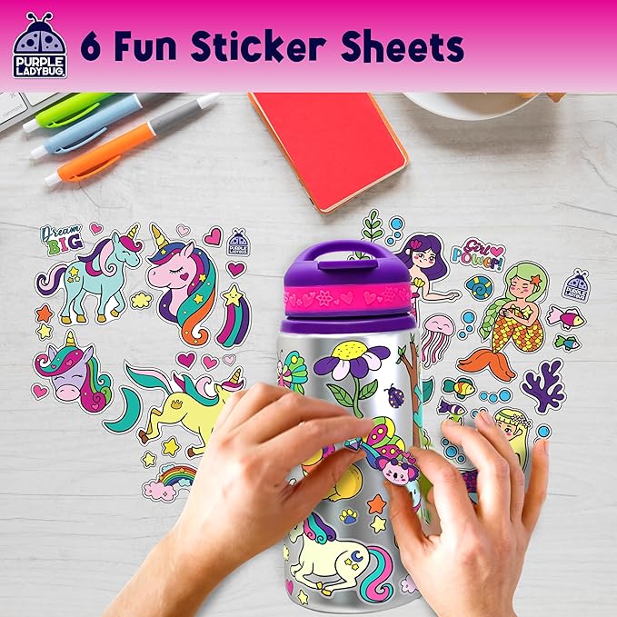 PURPLE LADYBUG Decorate Your Own Water Bottle Kit - Gifts for Girls Ages 4-8 Years Old Birthday, Little Girl Gifts, Kids Water Bottle for School, Valentines Gift for Girls