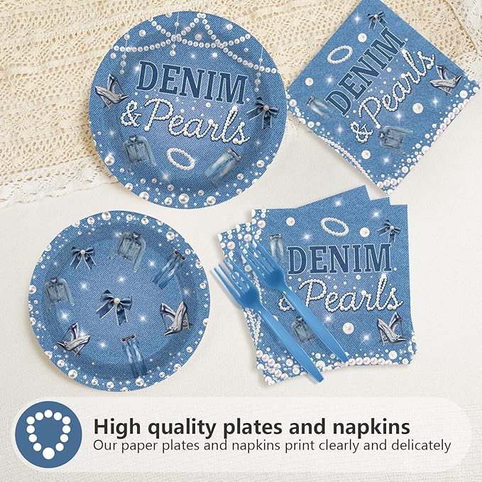 96Pcs Denim and Pearls Party Supplies Denim and Pearls Plates and Napkins Jeans Pearl Tableware Set for Woman Girl Birthday Bridal Shower Wedding Engagement Celebration Party Serves 24