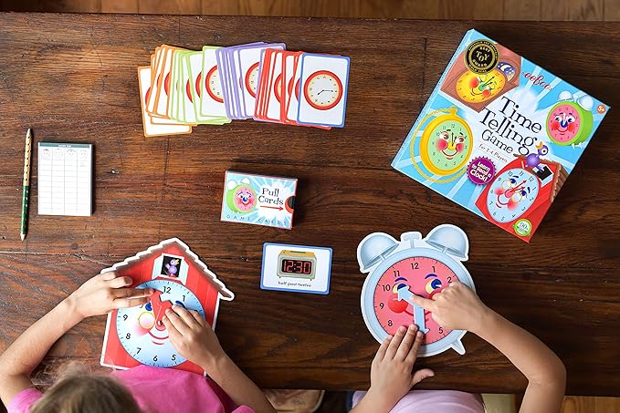 eeBoo: Time Telling Game, Learn to Read a Clock, 50 Game Cards with 4 Clocks and Score Pad, for 2-4 Players, Ages 5 and up