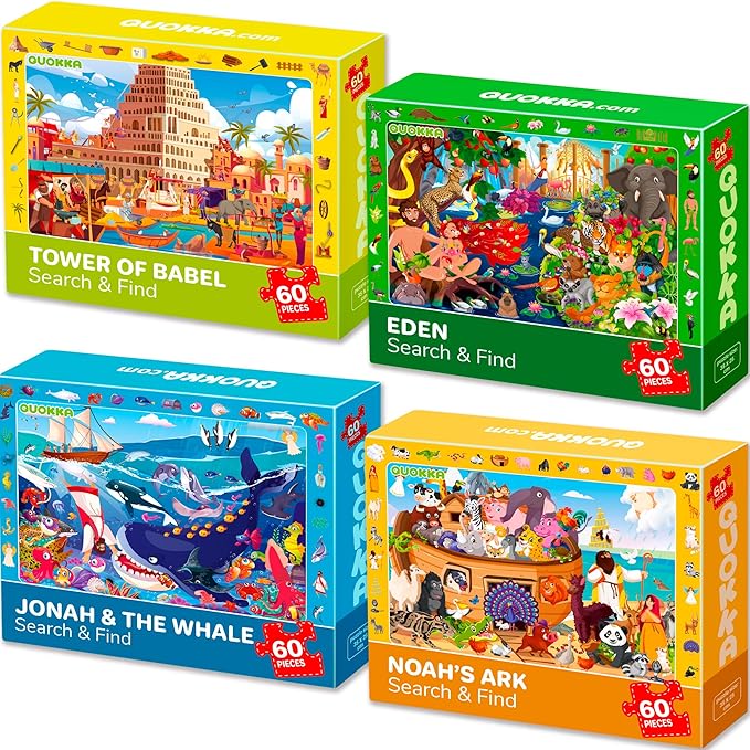 QUOKKA 60 Piece Kids Puzzles Ages 5-8 - Set of 4 Bible Jigsaw Puzzles for Kids 4-6-10 Year Old - Tower of Babel - Noah`s Ark - Eden Toys for Children 5-7 yo - Christian Gifts for Boys & Girls