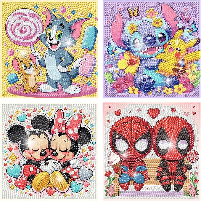 Fuinkqe 4 Packs Cartoon Diamond Art Kits for Kids,5D DIY Diamond Art Painting Kits for Kids Ages 4-8-12,Mosaic Kits Full Round Drills for Gifts and Home Wall Decor 6X6 Inch