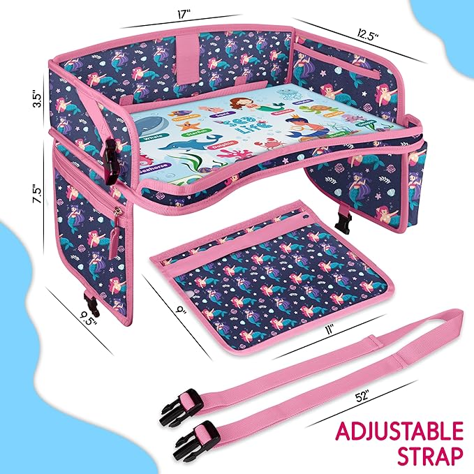 Kids Travel Tray - Waterproof Lap Table with No-Drop Large Tablet Holder - Car Seat Tray - Road Trip Essentials Kids - Car Desk Organizer for Airplane - Toddler Travel Essentials(MERMAID)