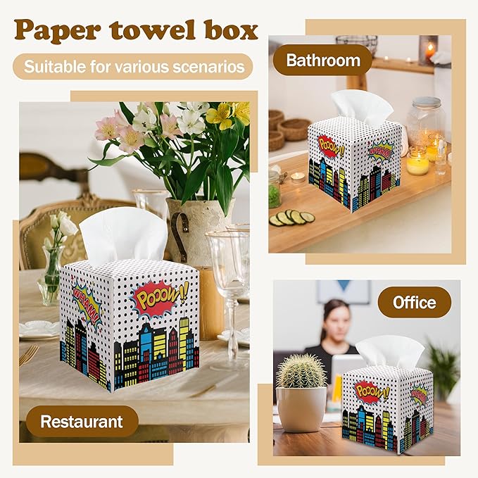 Superhero Comic Cityscape Square Leather Tissue Box Cover – Pow! Superhero Themed Facial Paper Organizer, for Kids & Superhero Fans, Decor for Bathroom, Party & Baby Shower