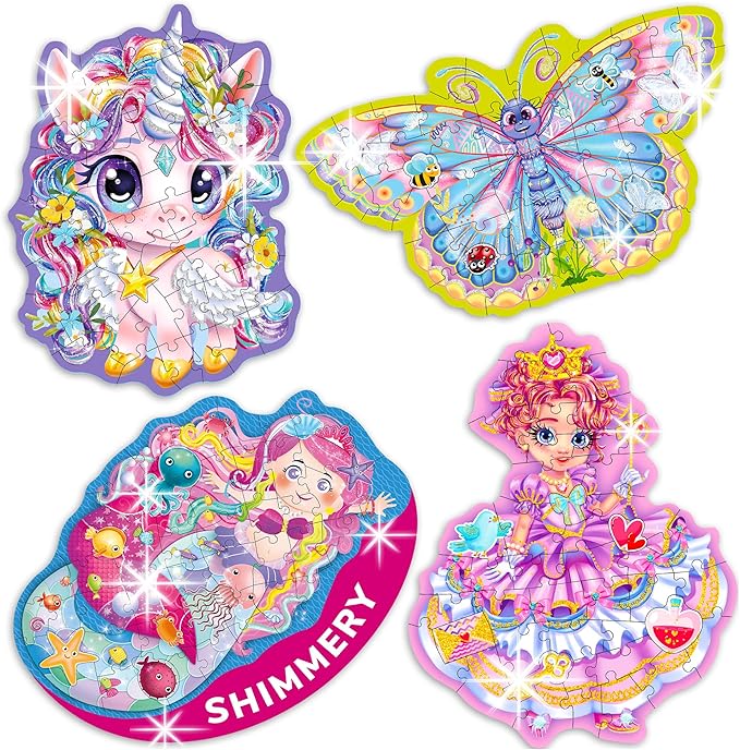 QUOKKA Puzzles for Kids Ages 4-6 – 4x48 Pieces Jigsaw Puzzles for Toddlers 2-4 – Shimmery Princess, Mermaid, Butterfly & Unicorn Shaped Children's Game Ages 3-5 – Educational Toy Gift for Kids 5-8