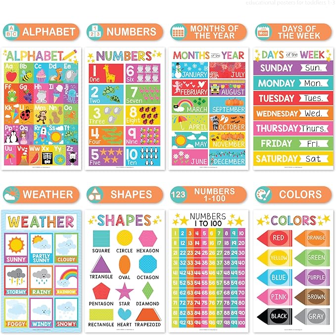 Hadley Designs 16 Educational Posters for Toddler Learning Activities - Alphabet Daycare Essentials, Laminated Pre-K Posters for Toddlers 1-3, Preschool Learning Activities, Rainbow Classroom Decor