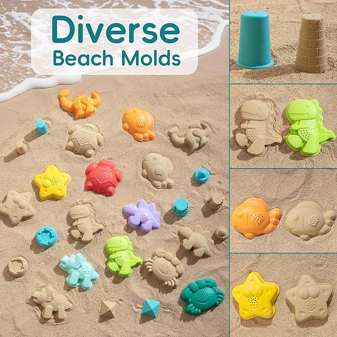 Sawaruita Beach Toys for Kids - Sand Toys Set Includes Collapsible Bucket Shovel and Mesh Bag 17 PCS, Toddlers Sandbox Toys Sandcastle Building Kit (Kids Beach Toy Set)