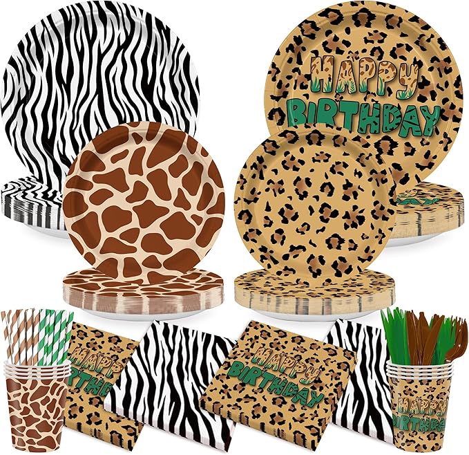 168PCS Mouse Safari Party Supplies for Kids Boys Girls, Cartoon Jungle Birthday Party Tableware Jungle Birthday Party, Zoo Adventure Plates, Napkins, Cups, Knife, fork, straw Set Serves 24