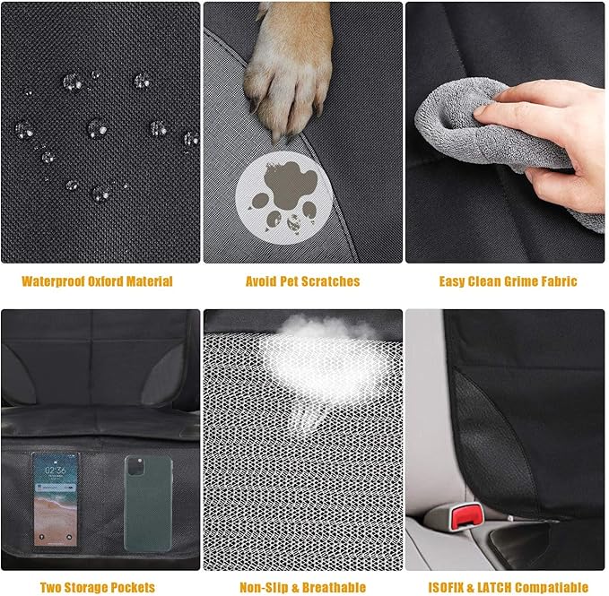 Car Seat Protector, Ponjson Auto Car Leather Seats Waterproof Thick Padding&Non-Slip Seat Cover Pad for Child Baby Safety Seat with Organizer Pockets-2 Pack Carseats for Most Cars