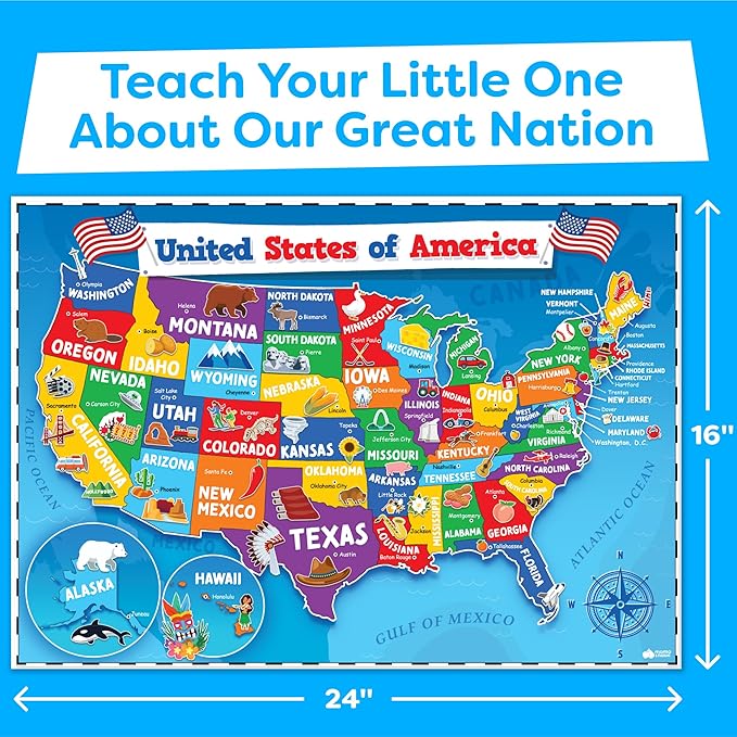 Momo & Nashi United States Map For Kids & World Maps For Kids 2pc Set - 24” x 16” Waterproof Classroom Posters - Childs World Map - Teacher Classroom Must Haves - Homeschool Teacher School Supplies