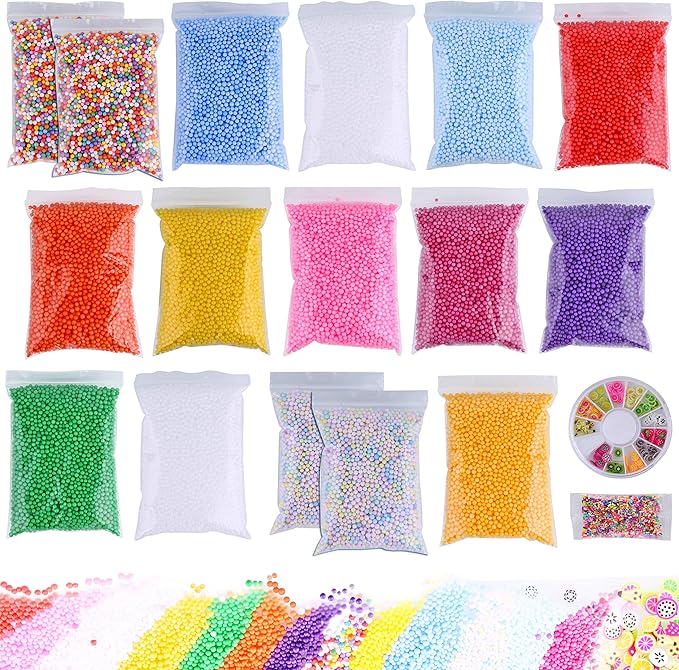 Slime Foam Beads Floam Balls – 18 Pack Microfoam Beads Kit 0.1-0.14 inch Micro Colors Rainbow Fruit Beads Craft Add ins Homemade DIY Kids Ingredients Flote Microbeads Supplies Mini Small