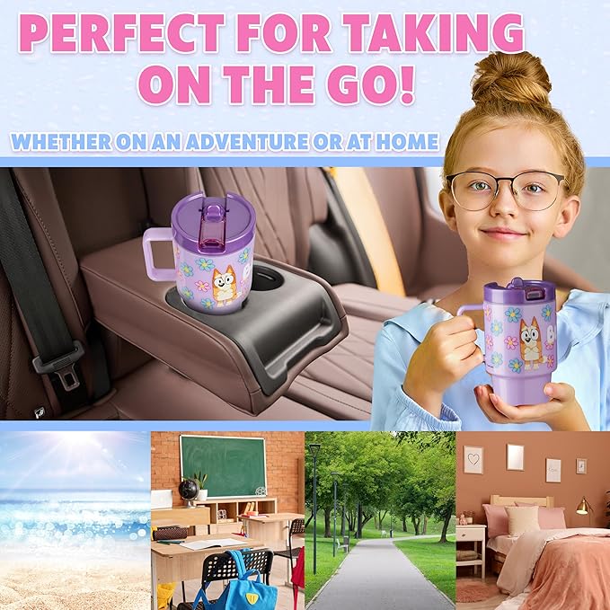 Get Trend Bluey Kids Water Bottle with Straw 16.9 oz BPA Free Plastic Cup with Lid Handle Reusable Drinking Tumbler for School Gifts for Kids (Purple Bluey)
