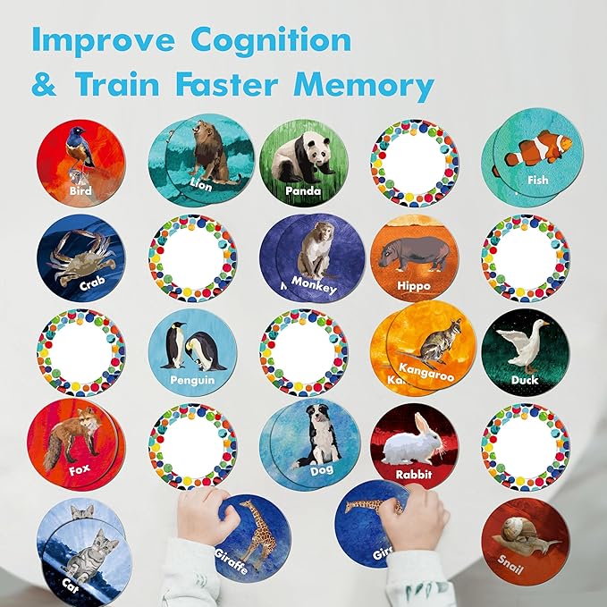 Hebayy Realistic Animal Matching Game, 50 PCS Round Animal Memory Matching Cards for Toddlers 25 Pairs Real Animal Memory Cards Educational Toys for Preschool Boys & Girls 4 5 6 Years Old
