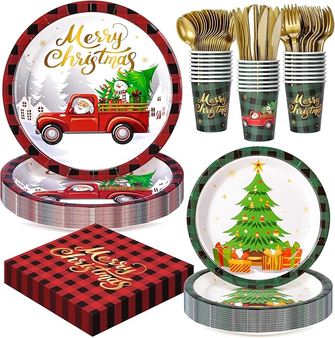 Merry Christmas Party Tableware Supplies, 168PCS Christmas Paper Plates Napkins Cups and Gold Cutlery Set, 24 Set Red Plaid Xmas Disposable Dinnerware Set for Party Decorations