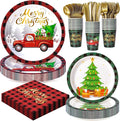 Merry Christmas Party Tableware Supplies, 168PCS Christmas Paper Plates Napkins Cups and Gold Cutlery Set, 24 Set Red Plaid Xmas Disposable Dinnerware Set for Party Decorations